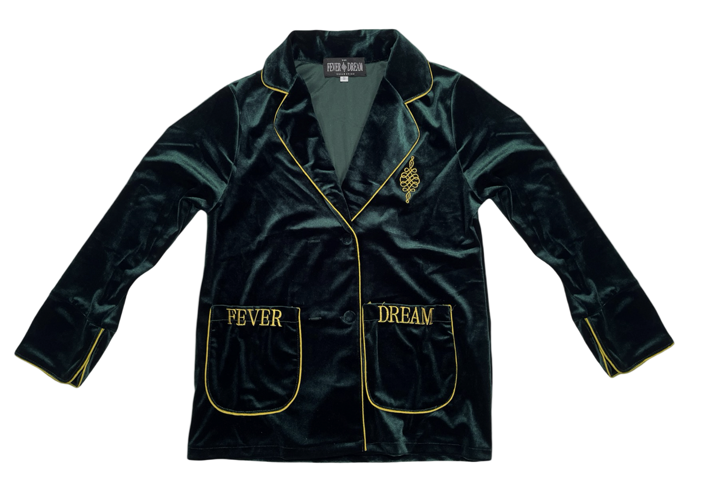 Green velvet jacket with 'Pleaser' and 'Dream' text