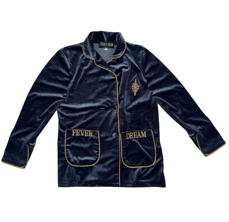 Navy velvet pajama set with 'Fever' and 'Dream' text