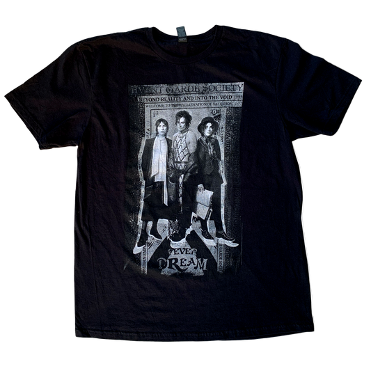 Black t-shirt with graphic design of three people and text