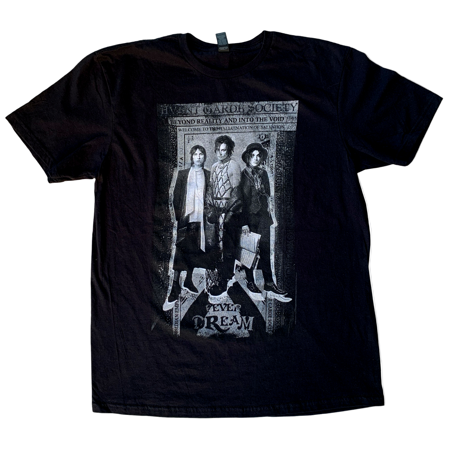 Black t-shirt with graphic design of three people and text