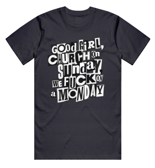 Black t-shirt with white text