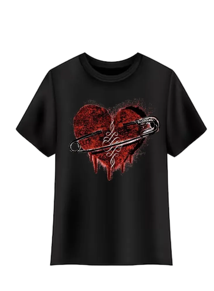 Black t-shirt with a red heart design and knife on a white background
