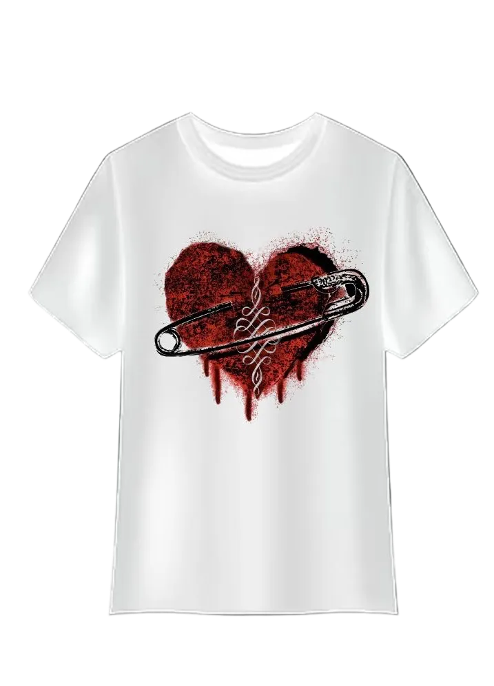 White t-shirt with a graphic design of a heart and a knife on a black background