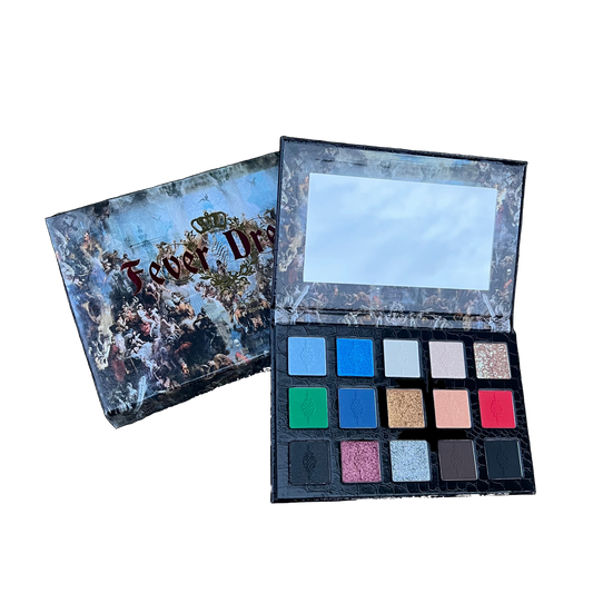 Makeup palette with colorful shades and a mirror