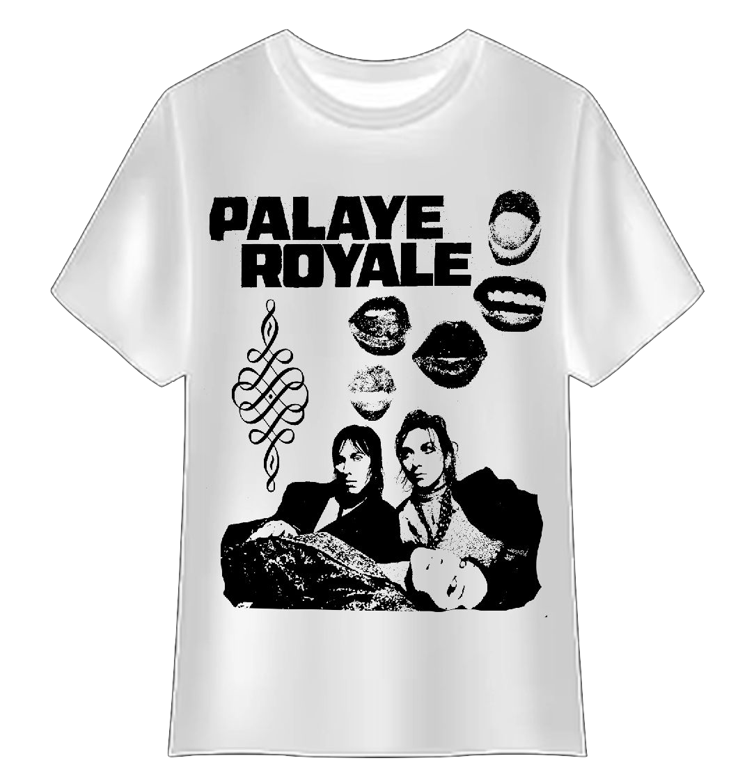 White t-shirt with 'Palaye Royale' design featuring two people and graphic elements on a white background