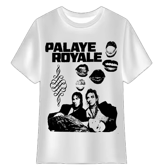 White t-shirt with 'Palaye Royale' design featuring two people and graphic elements on a white background