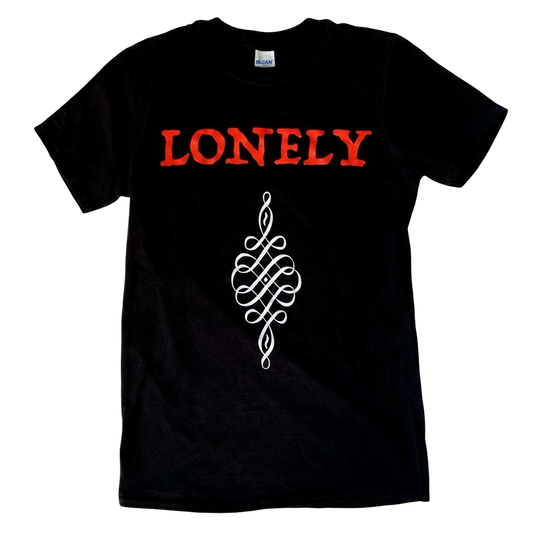 Black t-shirt with red text 'LONELY' and a white symbol on a white background