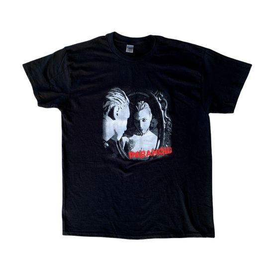 Black t-shirt with graphic design and 'Paranoid' text