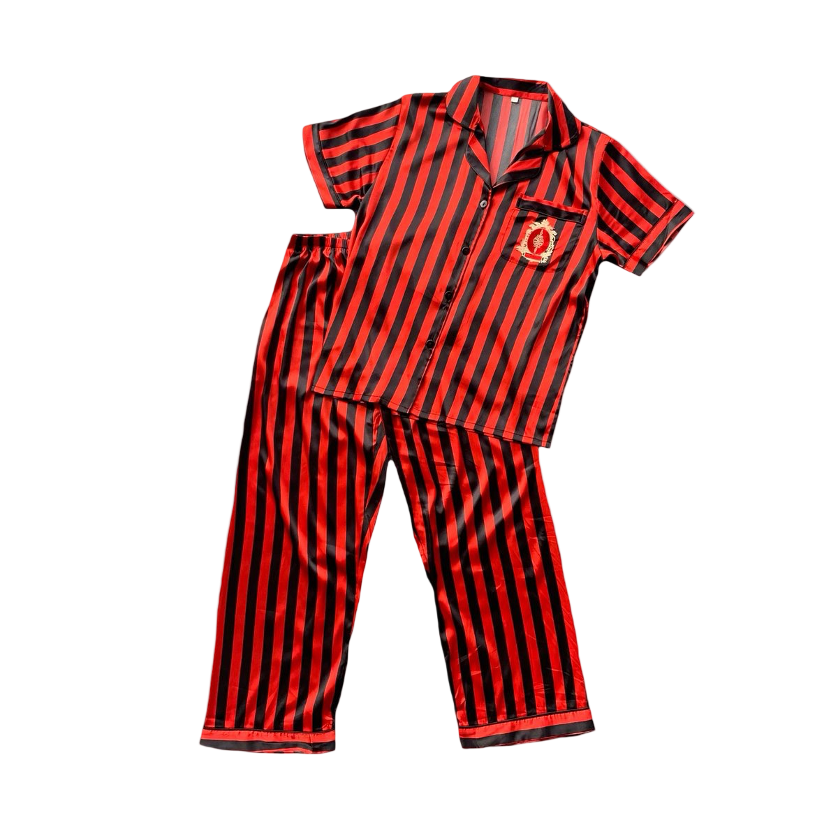 Red and black striped pajama set on a white background