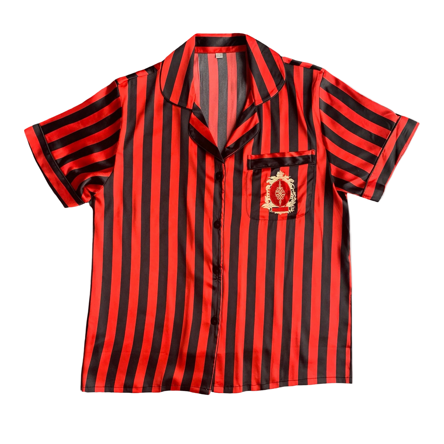 Red and black striped shirt with a logo on a white background
