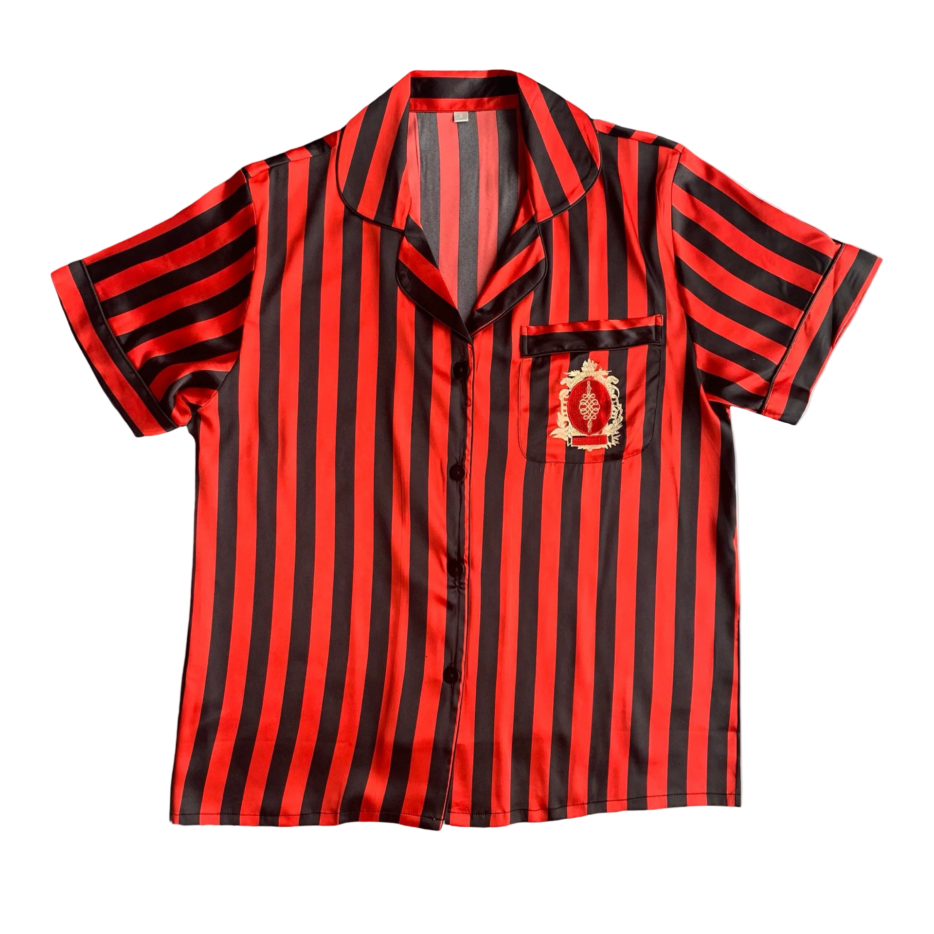 Red and black striped shirt with a logo on a white background