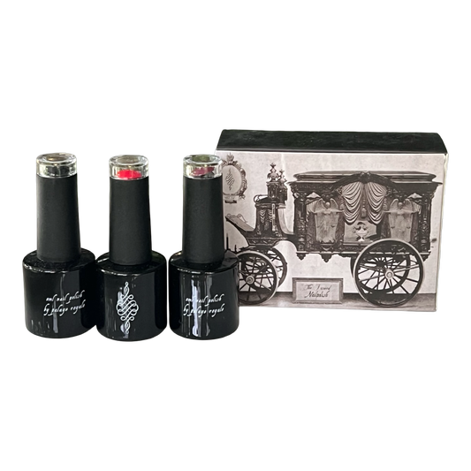 Three black nail polish bottles with a decorative box on a white background
