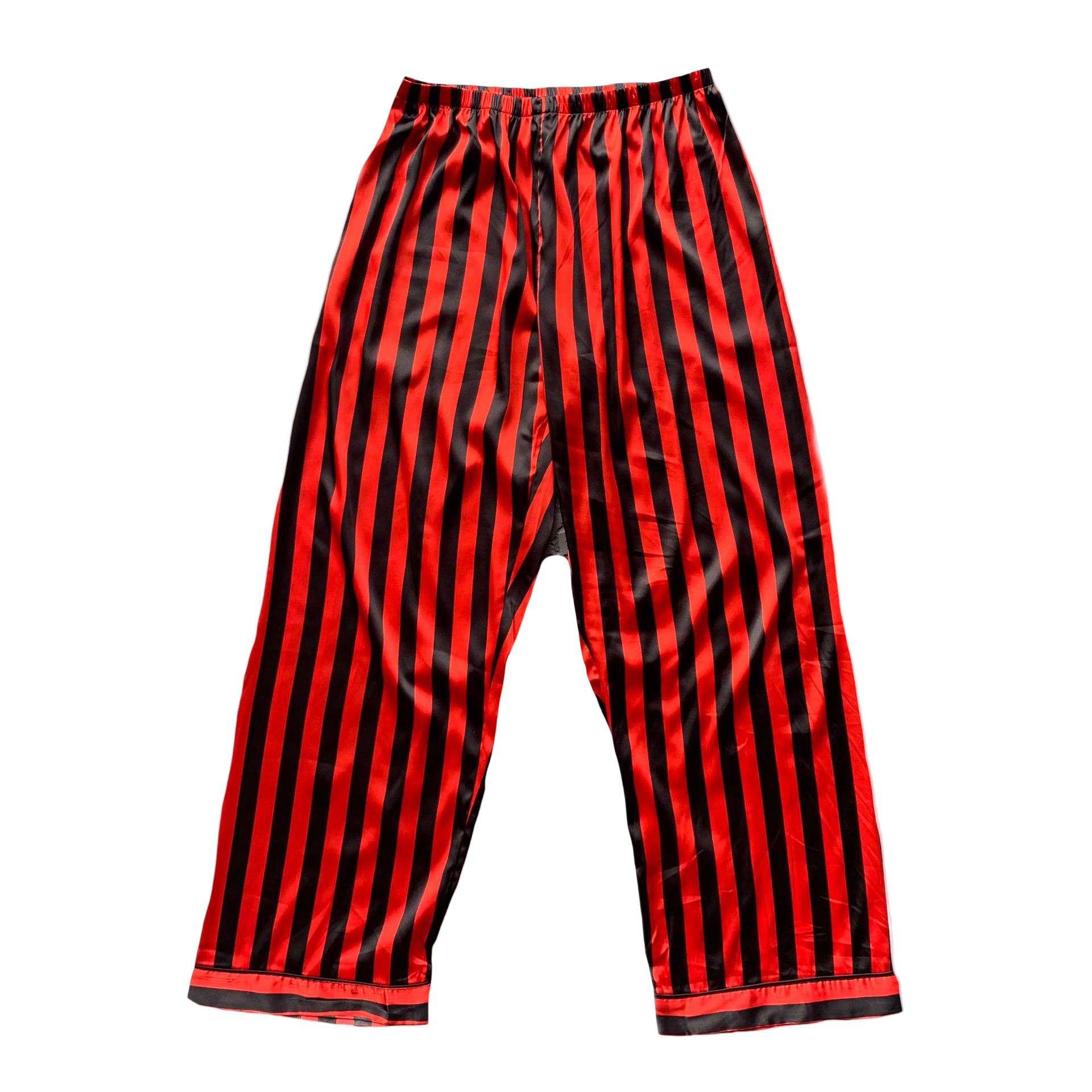Red and black striped satin pajama pants on a white background
