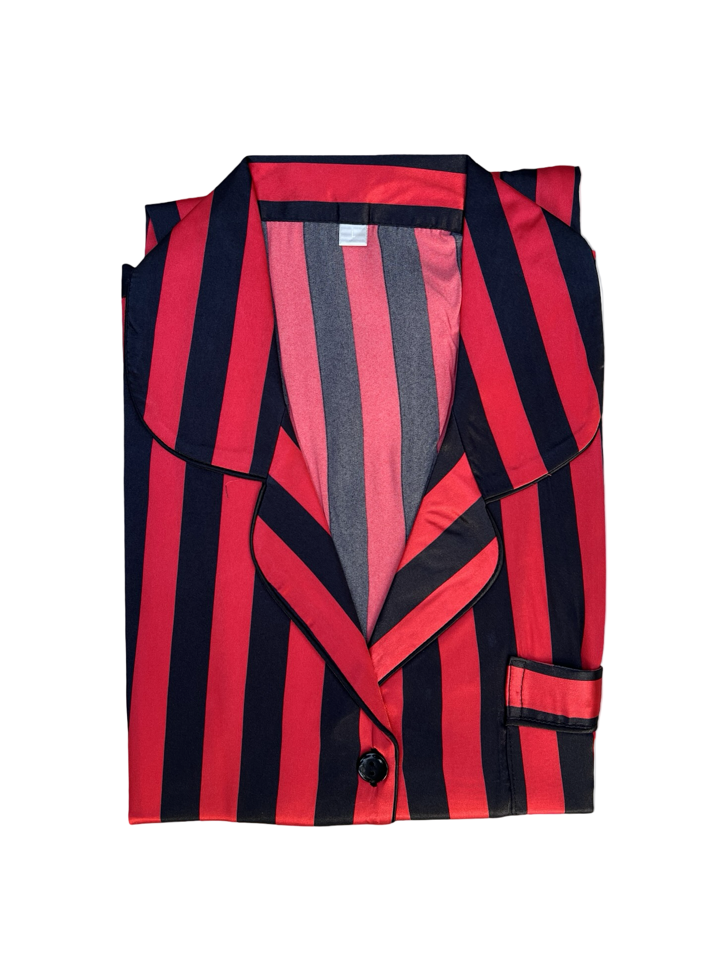 Red and black striped shirt with a collar on a white background