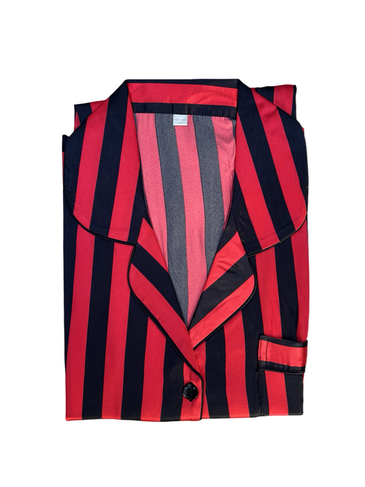 Red and black striped shirt with a collar on a white background