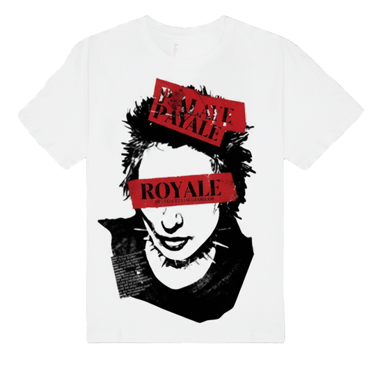 White t-shirt with graphic design featuring a face and text
