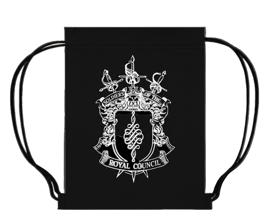Black drawstring bag with a white emblem and text on a white background
