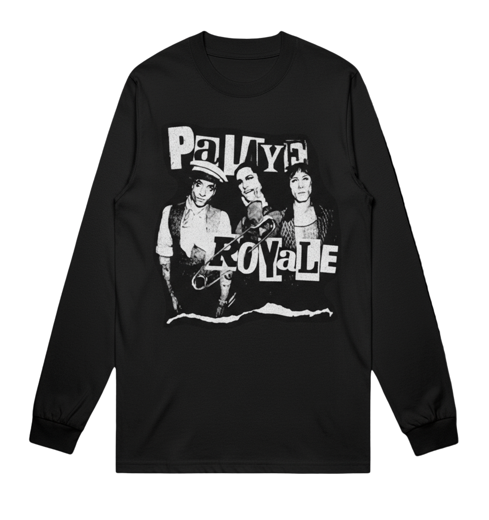 Black long-sleeve shirt with graphic design and text on a white background