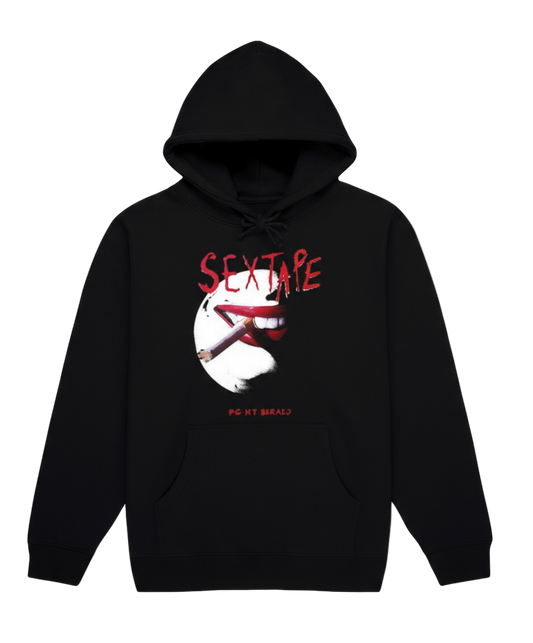 Black hoodie with graphic design and text