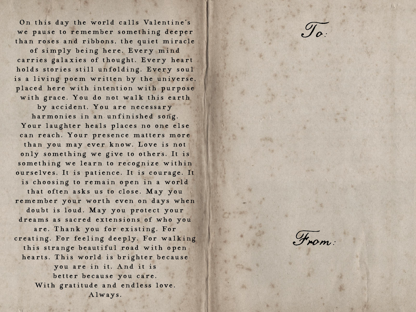 Valentine's Day card with a heartfelt message on textured paper