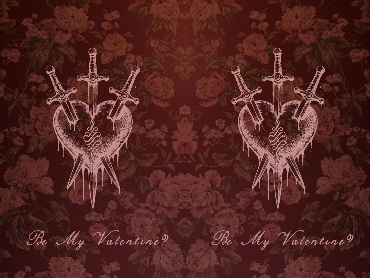 Two hearts with crossed swords on a floral patterned background with 'Be My Valentine?' text.