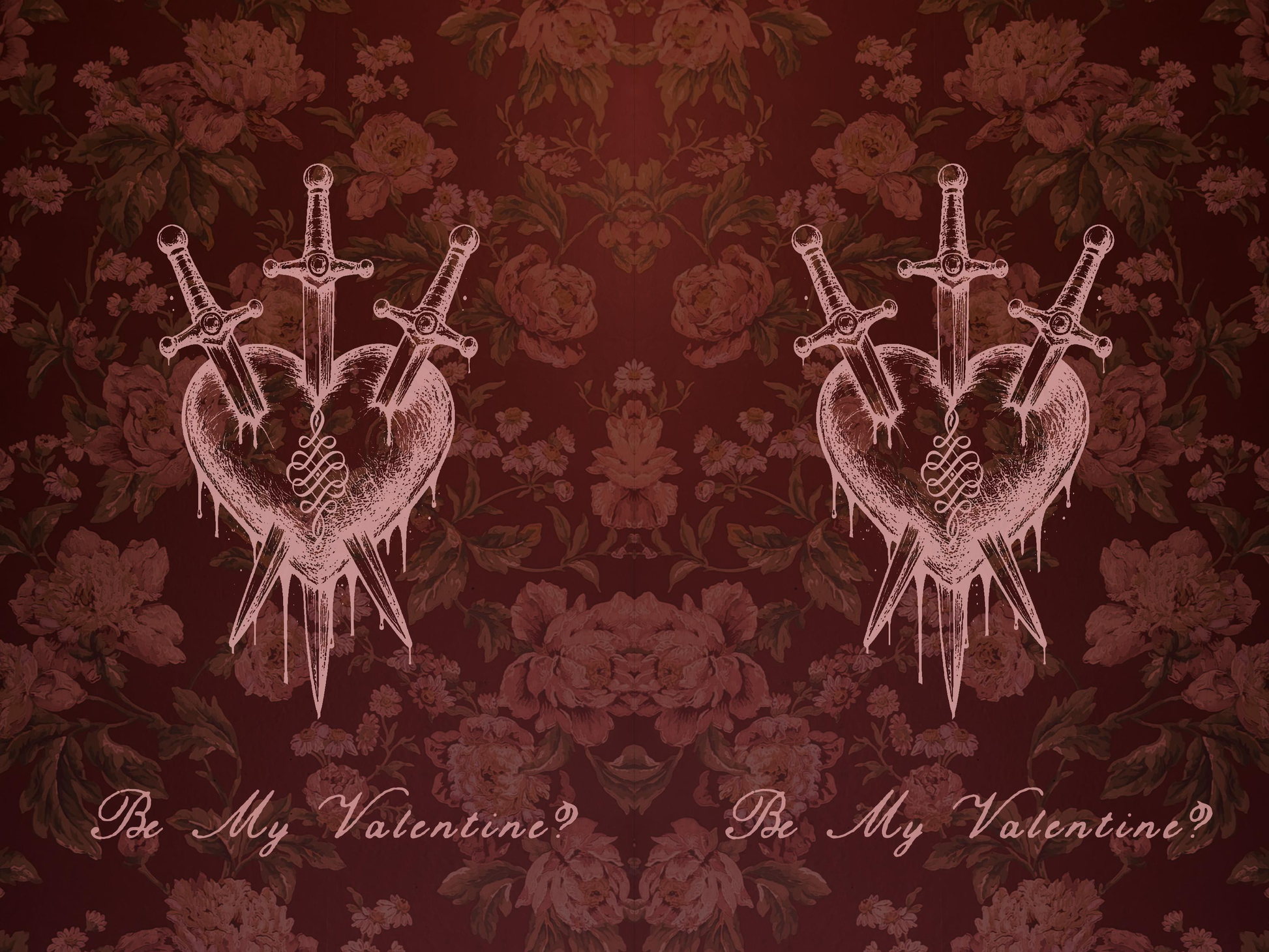 Two hearts with crossed swords on a floral patterned background with 'Be My Valentine?' text.