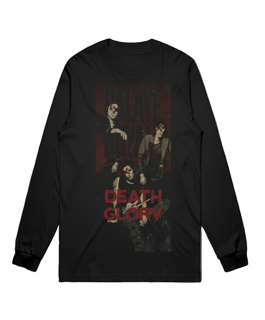 Black long-sleeve shirt with graphic design and 'Death Glory' text
